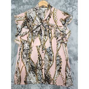 NEW OVI Top Womens M Peach Pink Gold Chain Snake Print Tie Neck Flutter Sleeves